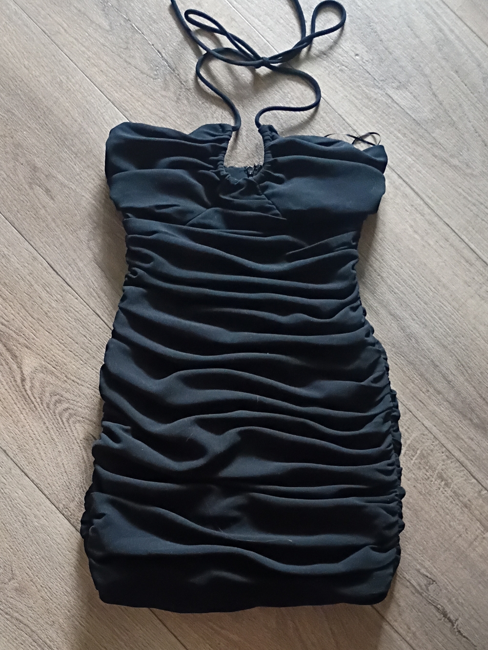Zara Ruched Black Mini Dress Hiigh-Impact Halter Curves Stretch Flatter